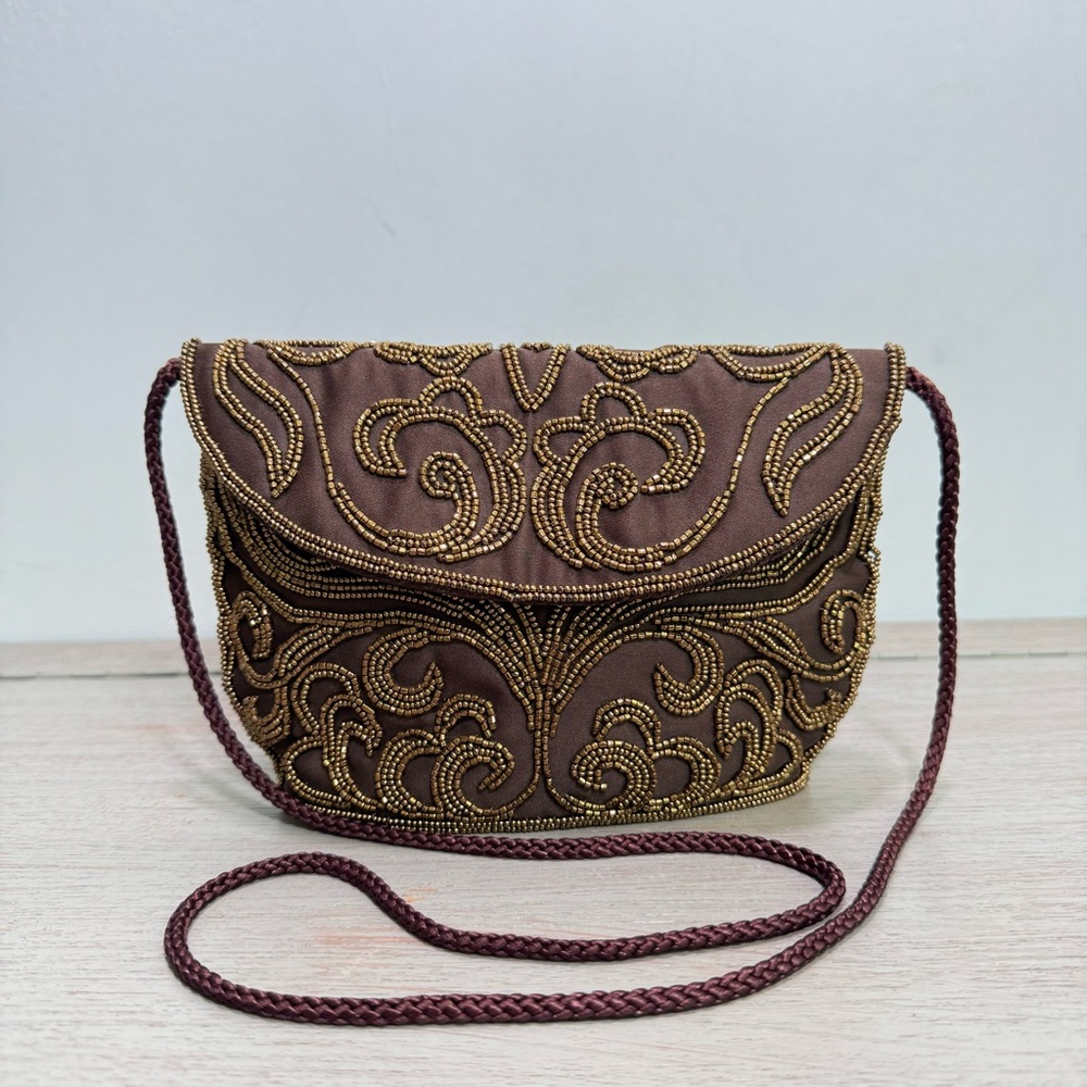 Vintage Walbaeg Beaded Brown Satin Evening Bag Dressy Formal Purse Crossbody